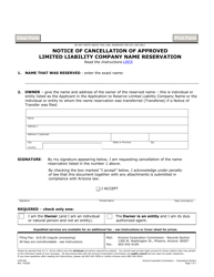 Document preview: Form L003.005 Notice of Cancellation of Approved Limited Liability Company Name Reservation - Arizona