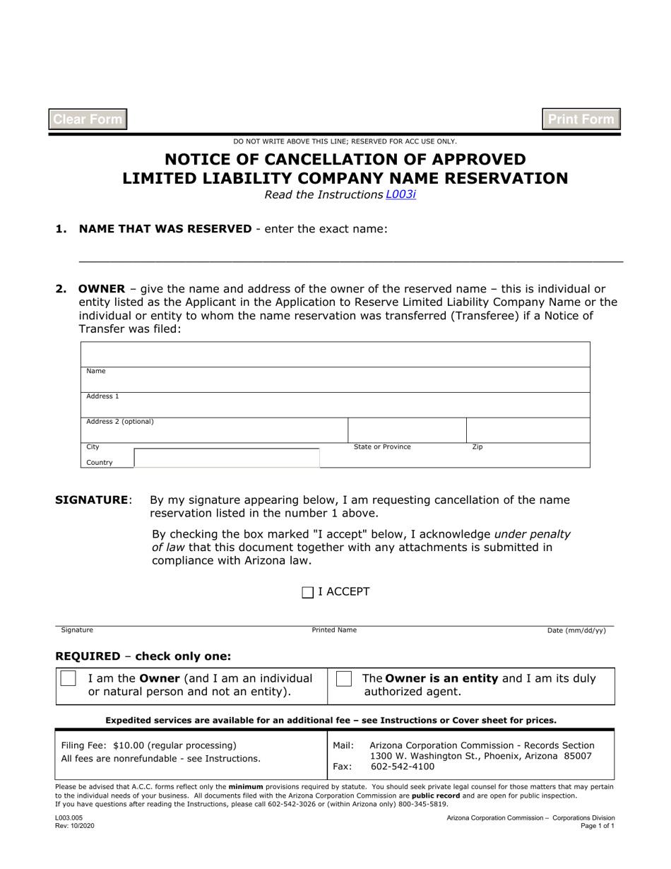Form L003.005 Notice of Cancellation of Approved Limited Liability Company Name Reservation - Arizona, Page 1