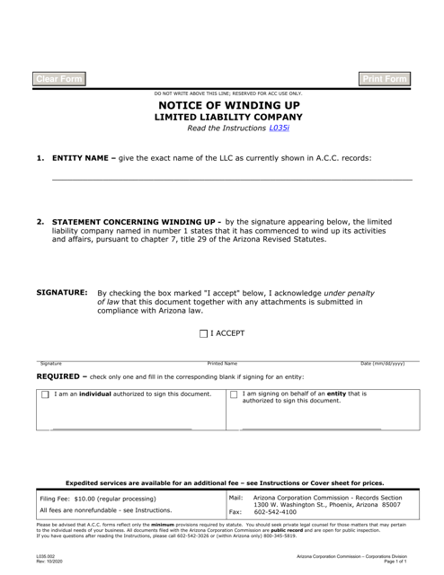 Form L035 Notice of Winding up Limited Liability Company - Arizona