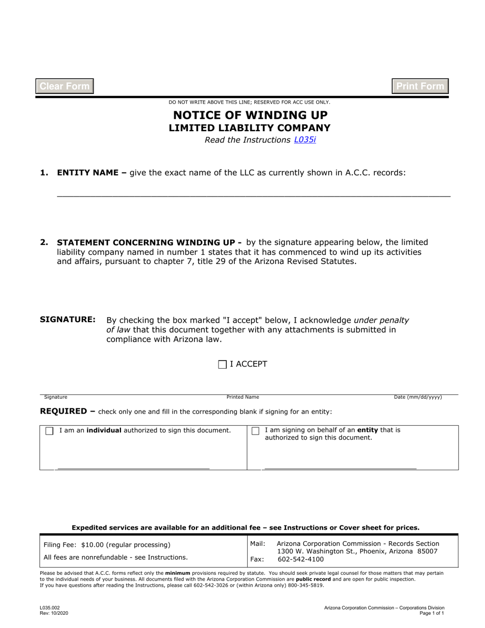 Form L035 Notice of Winding up Limited Liability Company - Arizona, Page 1