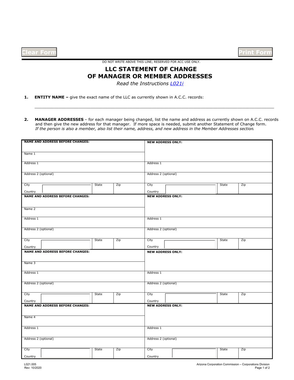 Form L021 LLC Statement of Change of Manager or Member Addresses - Arizona, Page 1