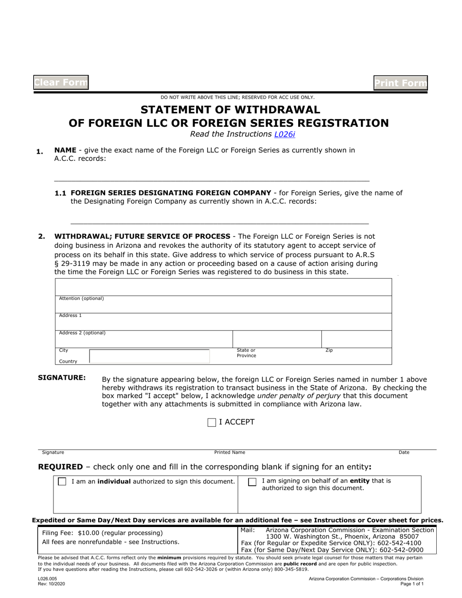 Form L026 Statement of Withdrawal of Foreign LLC or Foreign Series Registration - Arizona, Page 1