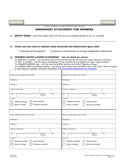 Form L044 Amendment Attachment for Members - Arizona