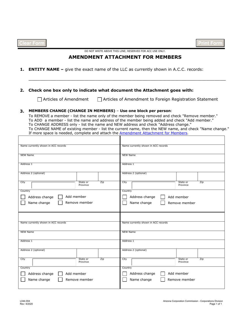 Form L044 Amendment Attachment for Members - Arizona, Page 1