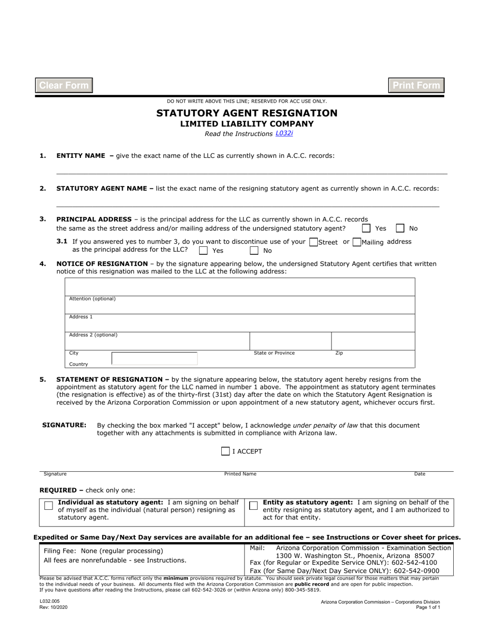 Form L032 Statutory Agent Resignation Limited Liability Company - Arizona, Page 1