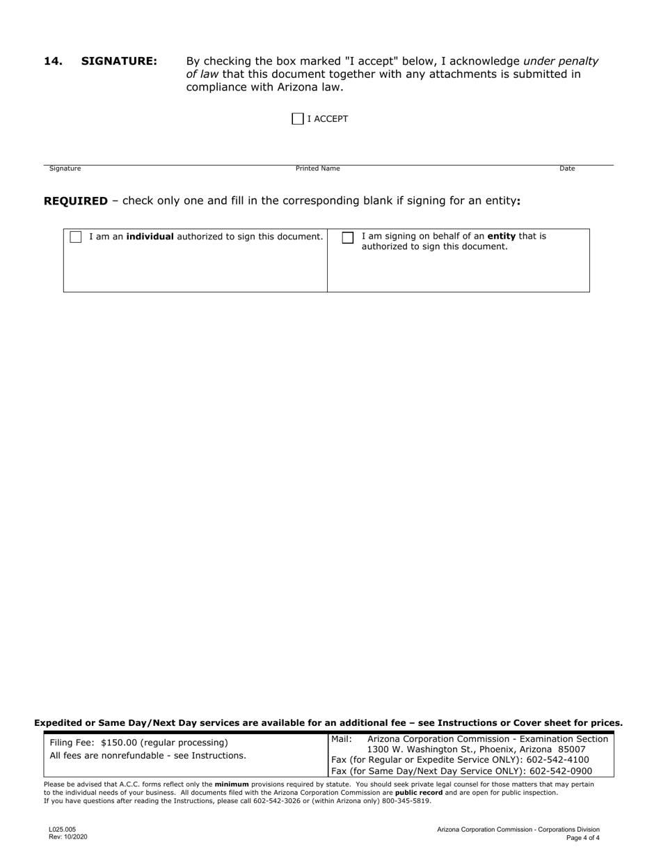 Form L025 Foreign Registration Statement - Arizona, Page 4