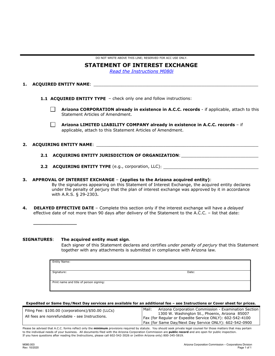 Form M080 Statement of Interest Exchange - Arizona, Page 1