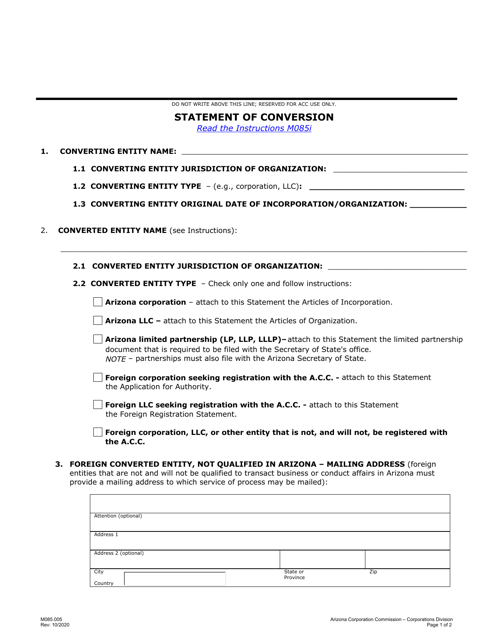 Form M085 Statement of Conversion - Arizona