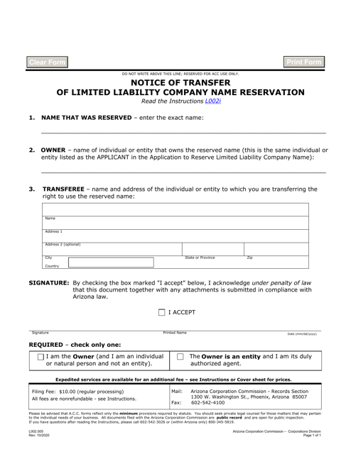 Form L002 Notice of Transfer of Limited Liability Company Name Reservation - Arizona