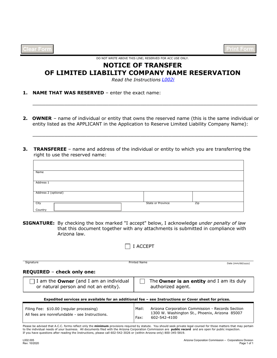 Form L002 Notice of Transfer of Limited Liability Company Name Reservation - Arizona, Page 1