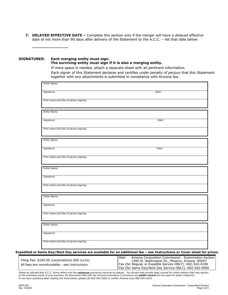 Form M075 Statement of Merger - Arizona, Page 3