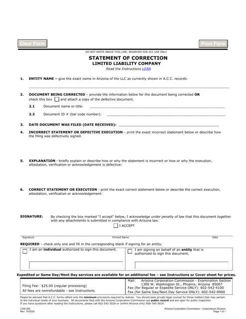 Form L030 Statement of Correction Limited Liability Company - Arizona