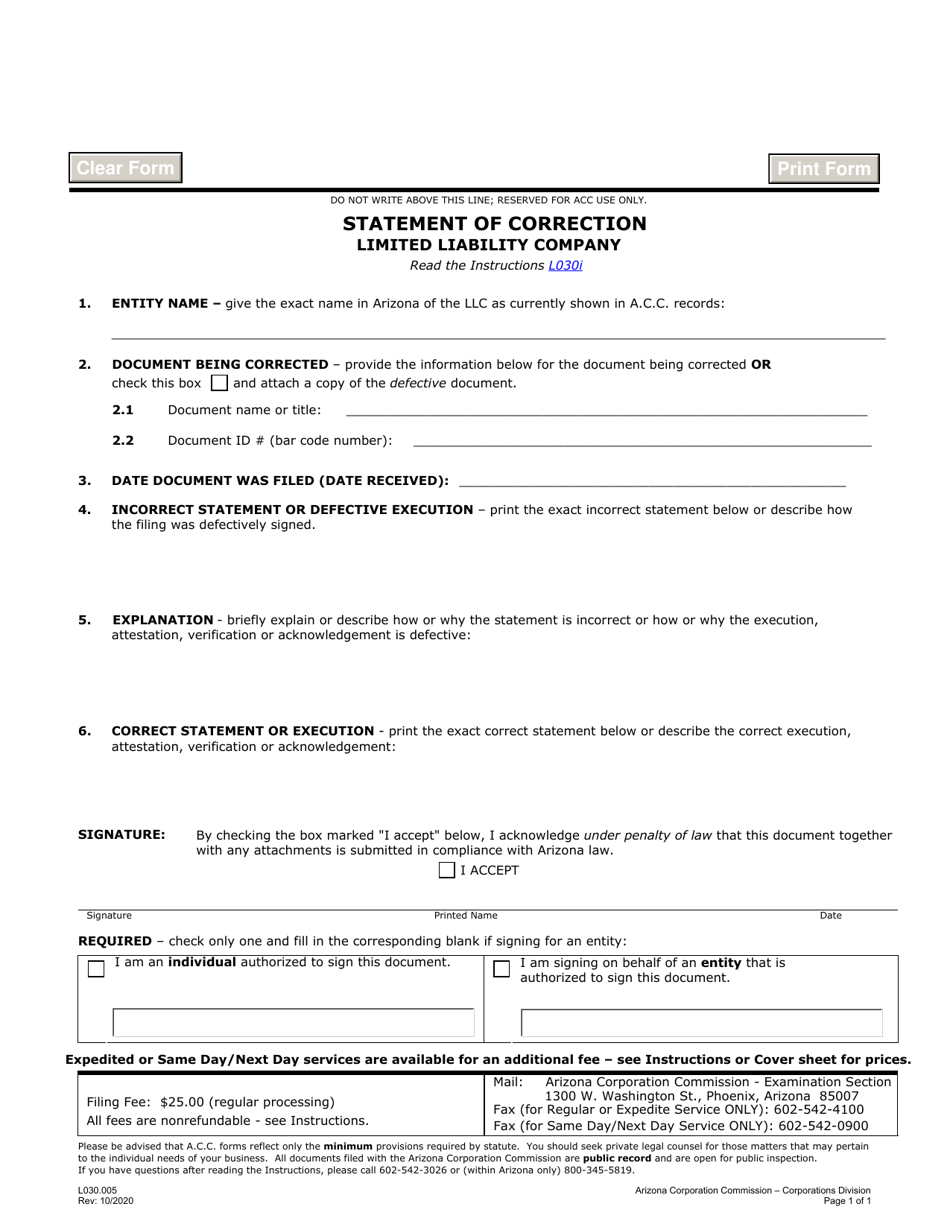 Form L030 Statement of Correction Limited Liability Company - Arizona, Page 1