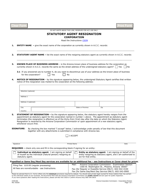 Form C029 Statutory Agent Resignation Corporation - Arizona