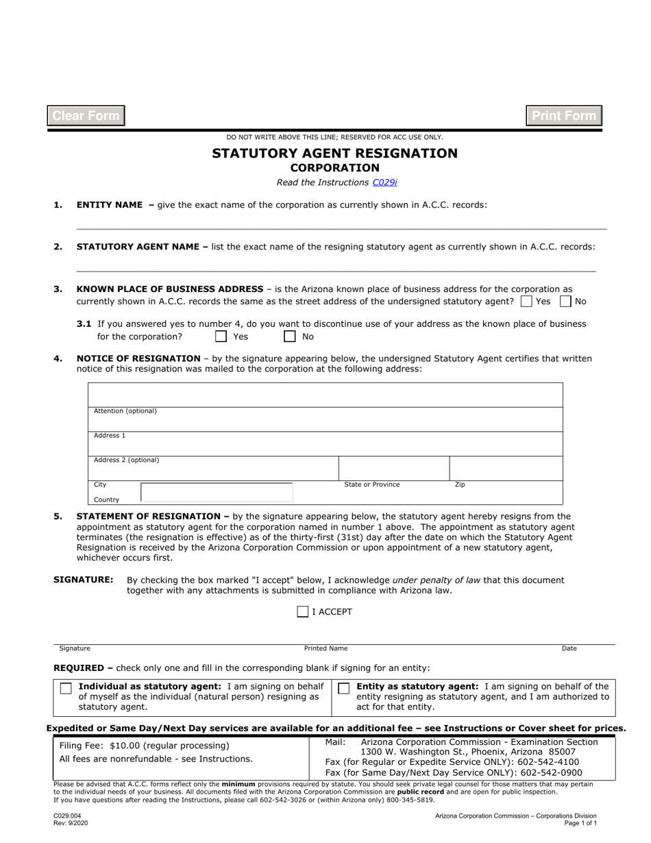 Form C029 Statutory Agent Resignation Corporation - Arizona, Page 1