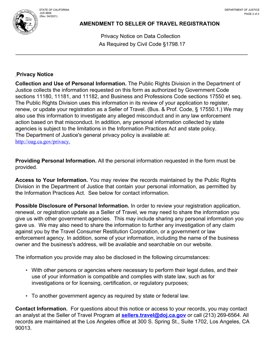 Form JUS8806 Amendment to Seller of Travel Registration - California, Page 2