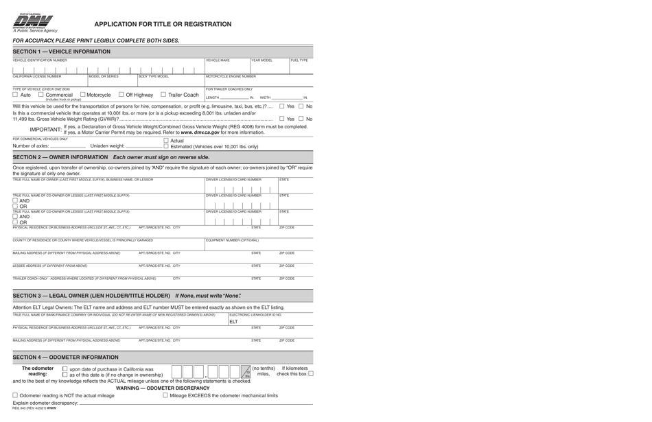 Form REG343 Application for Title or Registration - California, Page 1