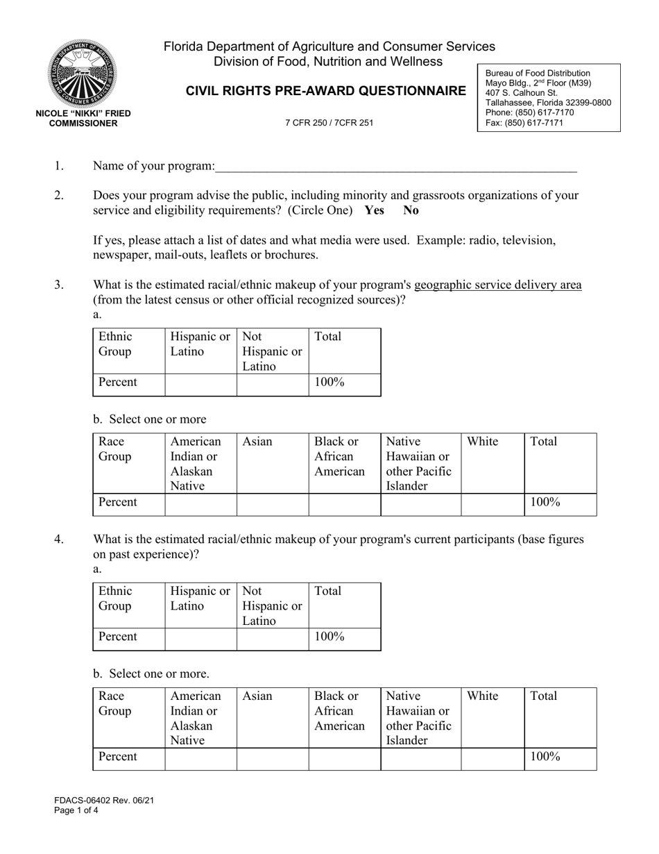 Form FDACS-06402 Civil Rights Pre-award Questionnaire - Florida, Page 1