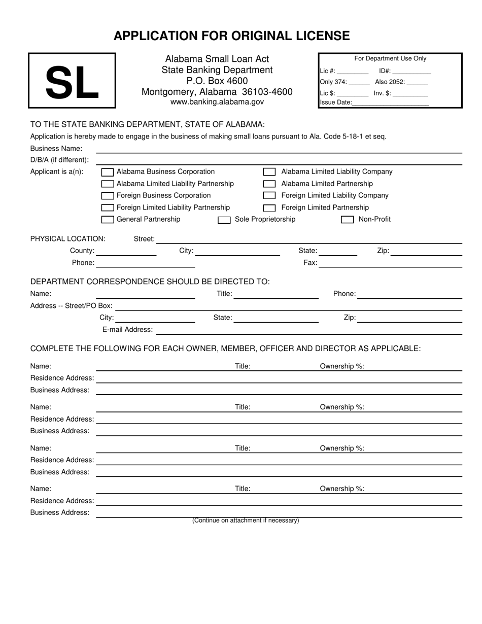 Small Loan Act Original License Application - Alabama, Page 1