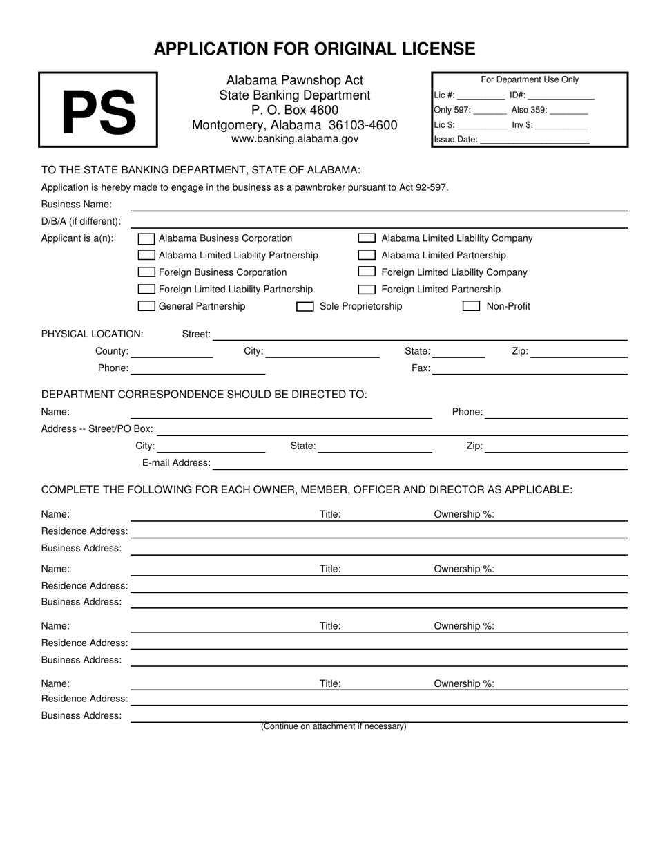 Pawnshop Original License Application - Alabama, Page 1