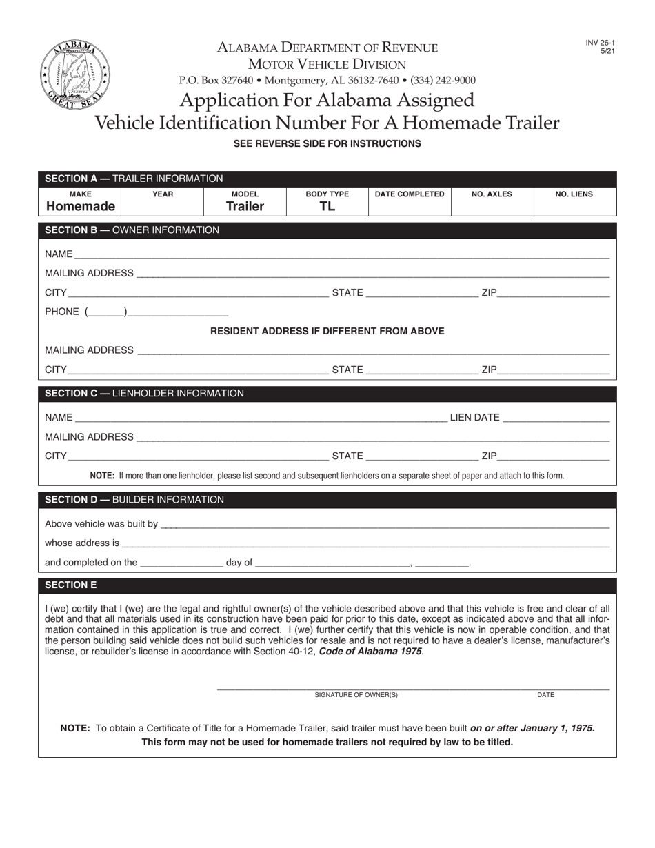 Form INV26-1 Application for Alabama Assigned Vehicle Identification Number for a Homemade Trailer - Alabama, Page 1