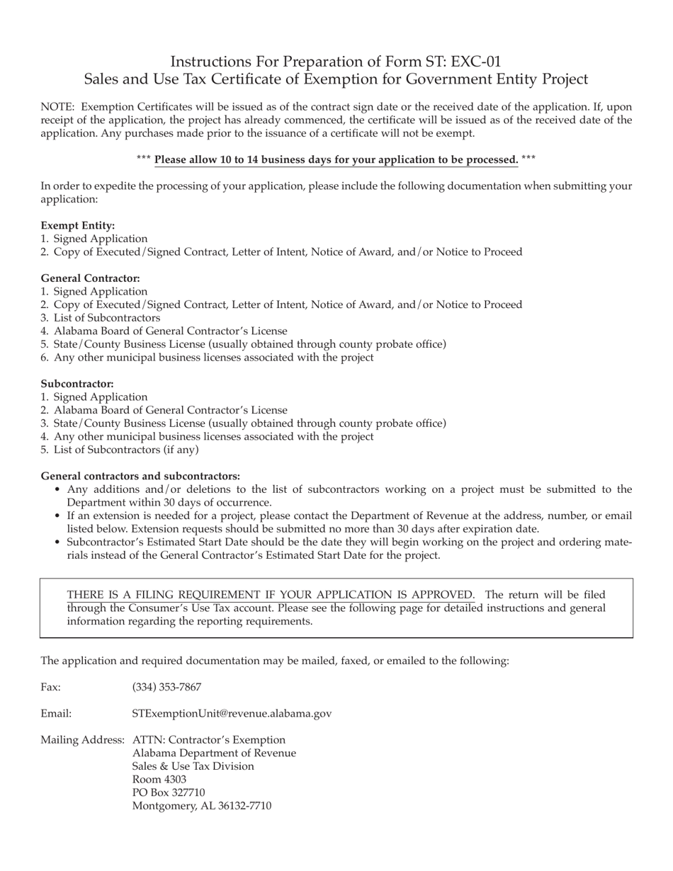 Form ST: EXC-01 Application for Sales and Use Tax Certificate of Exemption for Government Entity Project - Alabama, Page 3
