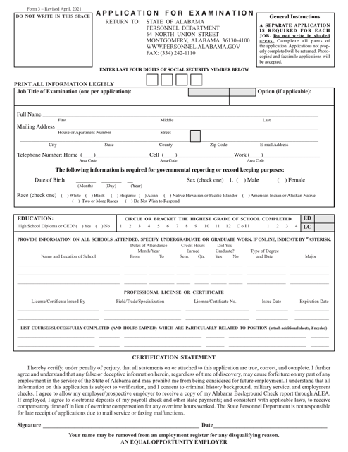 Form 3 Application for Examination - Alabama