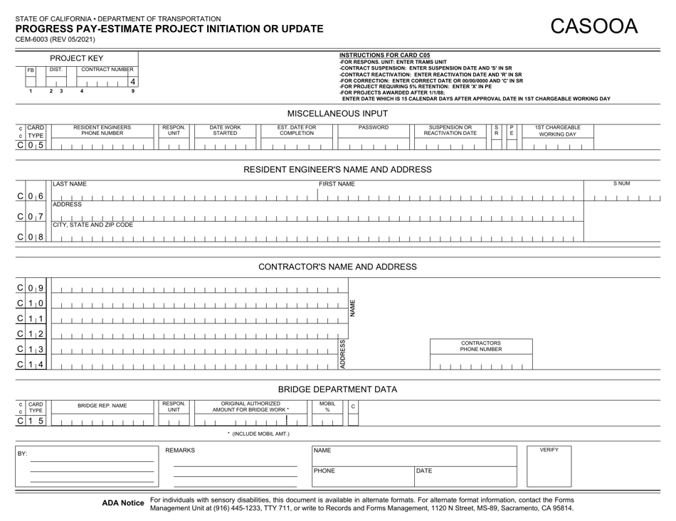 Form CEM-6003 Progress Pay-Estimate Project Initiation or Update - California, Page 1