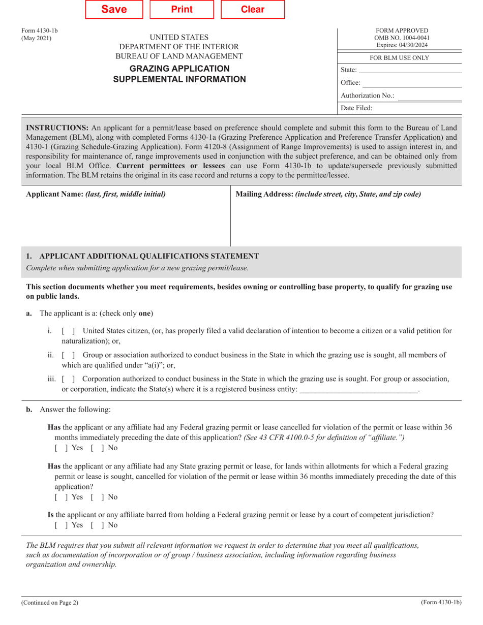 BLM Form 4130-1B Grazing Application Supplemental Information, Page 1