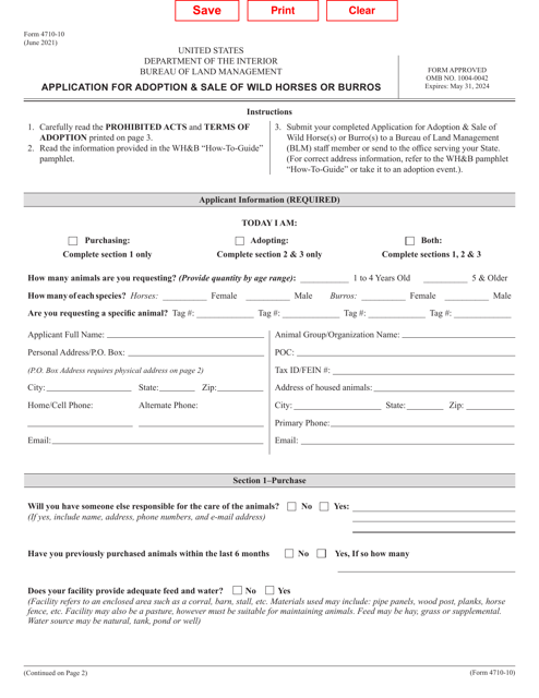 BLM Form 4710-10 Application for Adoption &amp; Sale of Wild Horses or Burros