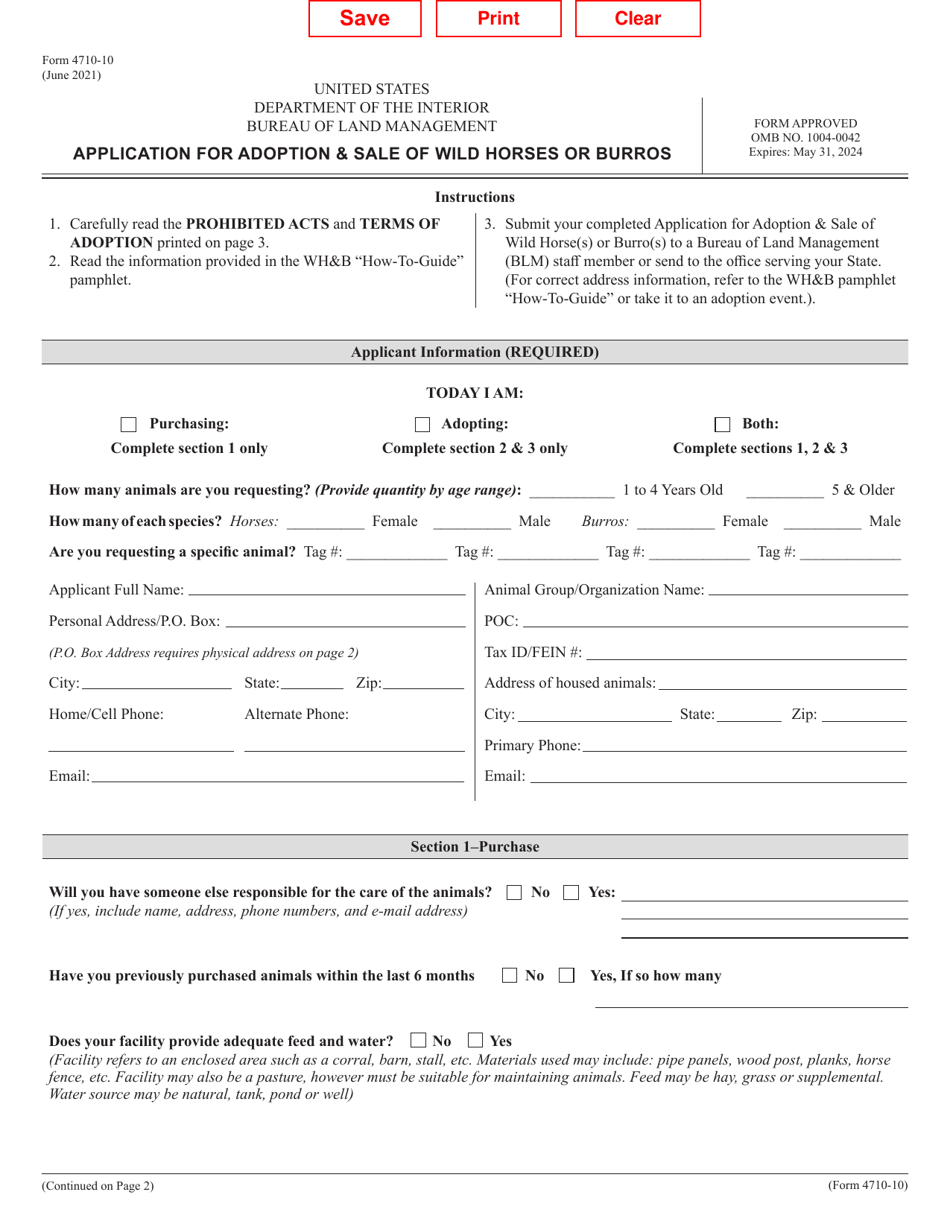BLM Form 4710-10 Application for Adoption  Sale of Wild Horses or Burros, Page 1