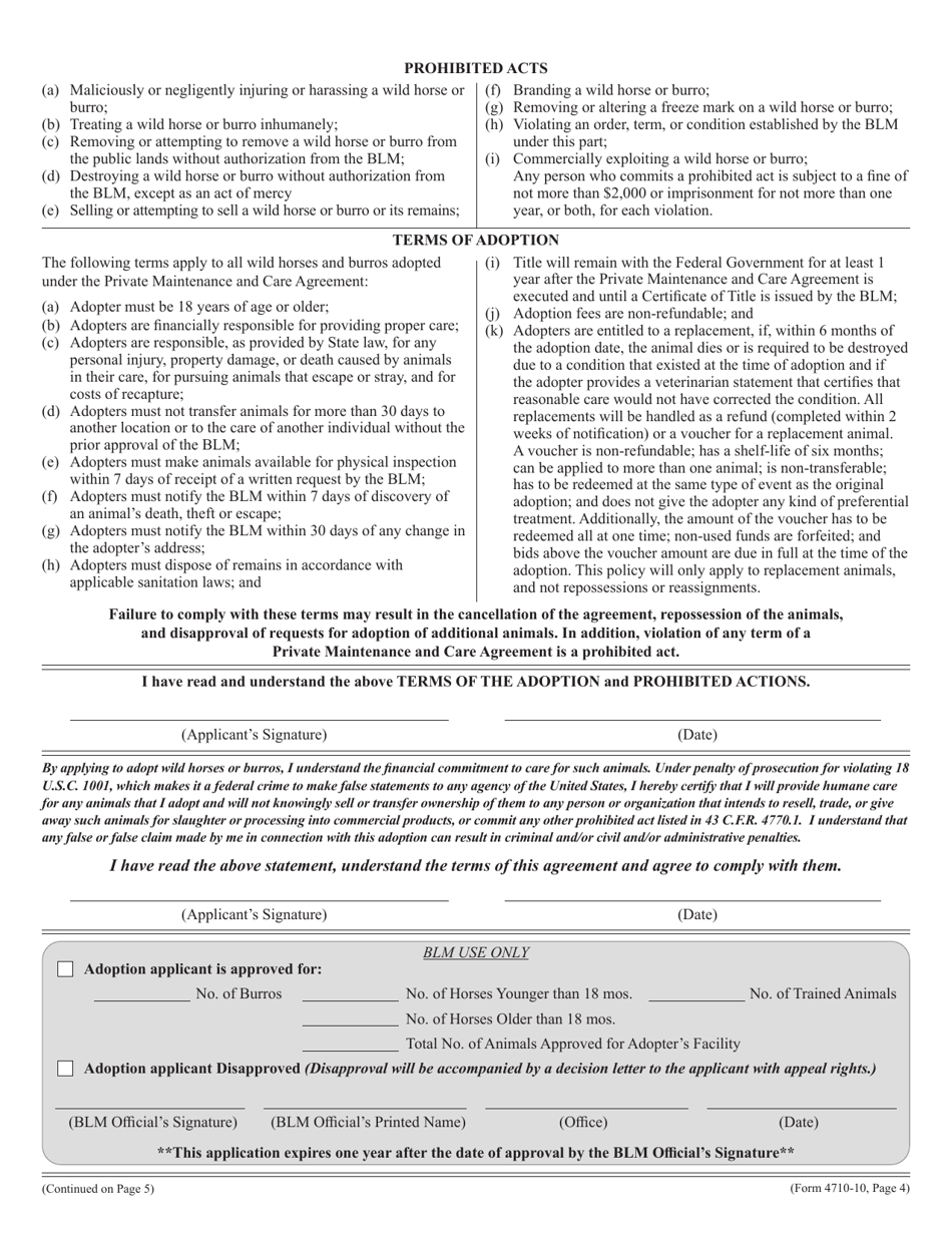 BLM Form 4710-10 Application for Adoption  Sale of Wild Horses or Burros, Page 4