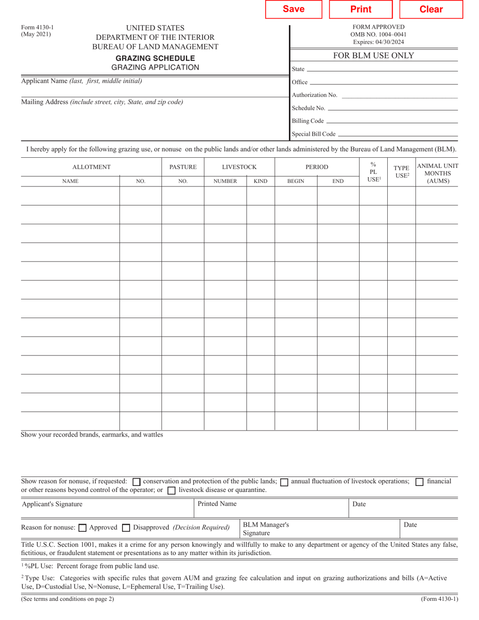 BLM Form 4130-1 Download Fillable PDF or Fill Online Grazing Schedule ...