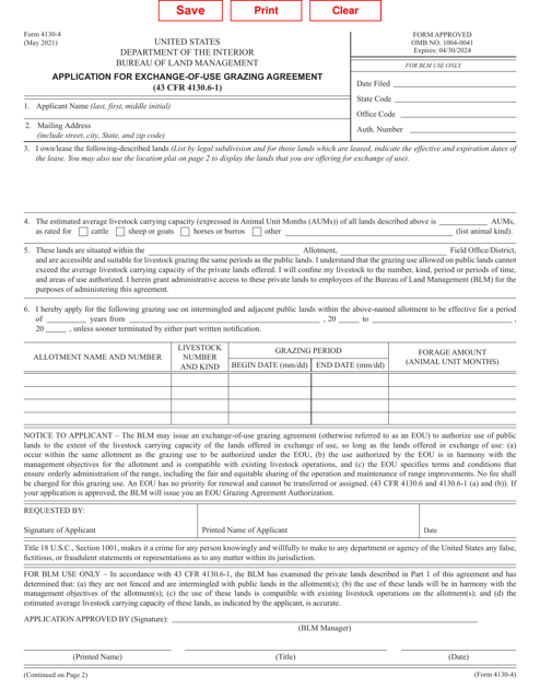 BLM Form 4130-4 Application for Exchange-Of-Use Grazing Agreement
