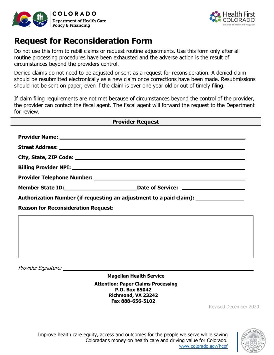 Request for Reconsideration Pharmacy Form - Colorado, Page 1