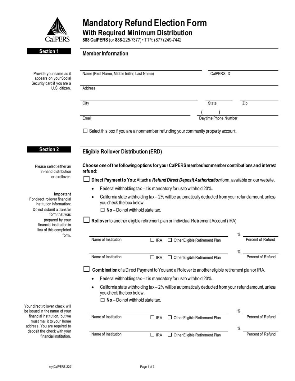 Form my|CalPERS-2201 Mandatory Refund Election Form With Required Minimum Distribution - California, Page 1