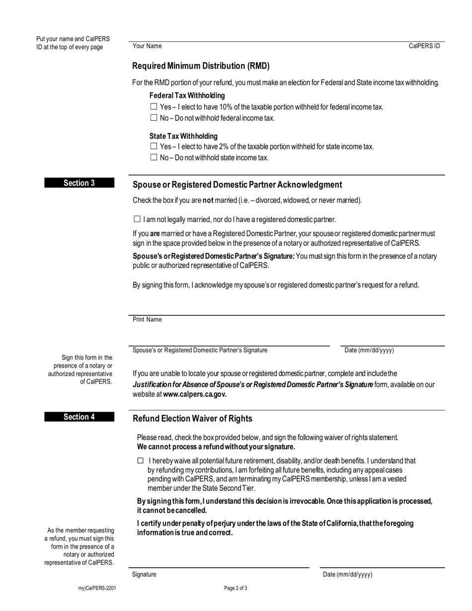 Form my|CalPERS-2201 Mandatory Refund Election Form With Required Minimum Distribution - California, Page 2