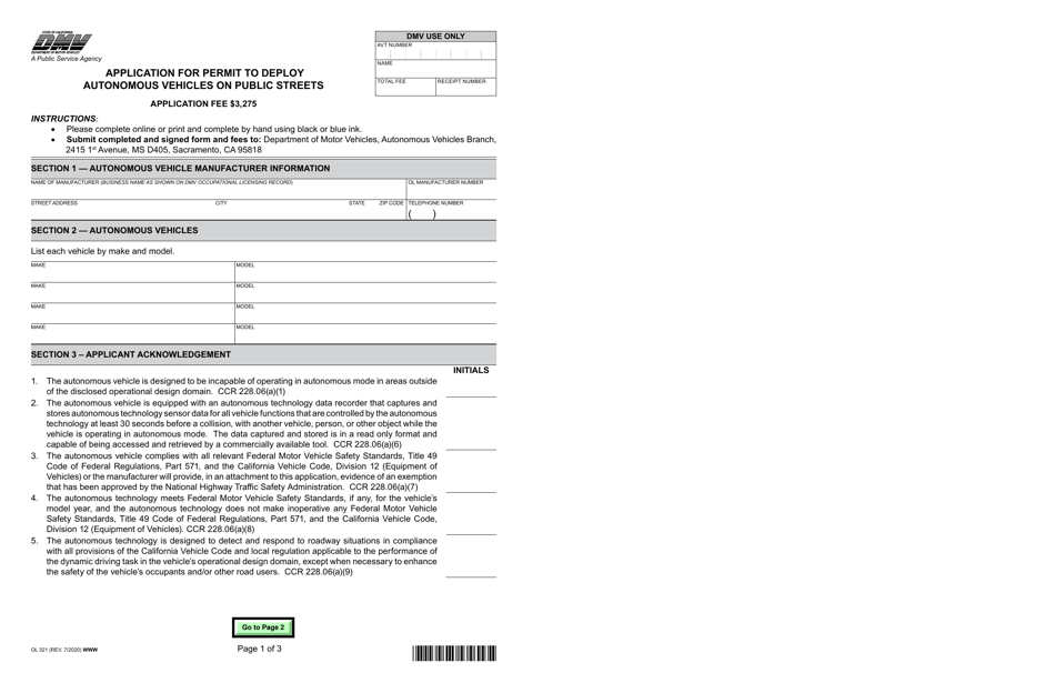 Form OL321 Application for Permit to Deploy Autonomous Vehicles on Public Streets - California, Page 1
