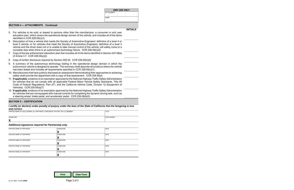 Form OL321 Application for Permit to Deploy Autonomous Vehicles on Public Streets - California, Page 3