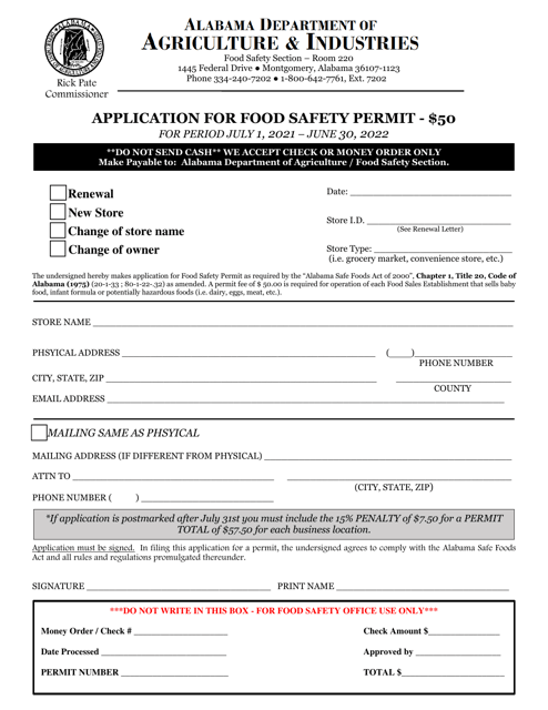 Application for Food Safety Permit - Alabama, 2022