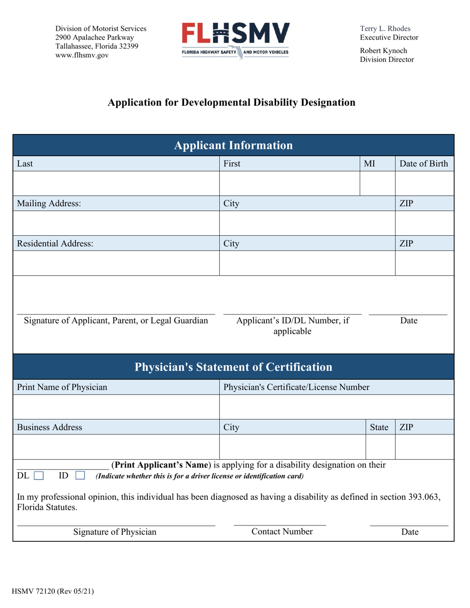 Form HSMV72120 Download Printable PDF or Fill Online Application for Developmental Disability