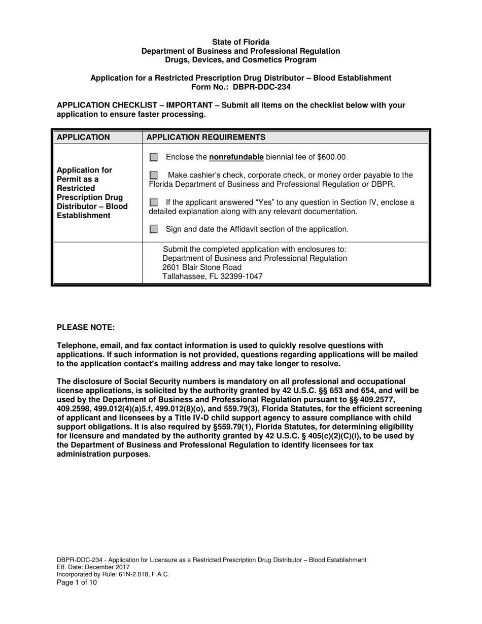 Form DBPR-DDC-234 Application for a Restricted Prescription Drug Distributor - Blood Establishment - Florida, Page 1