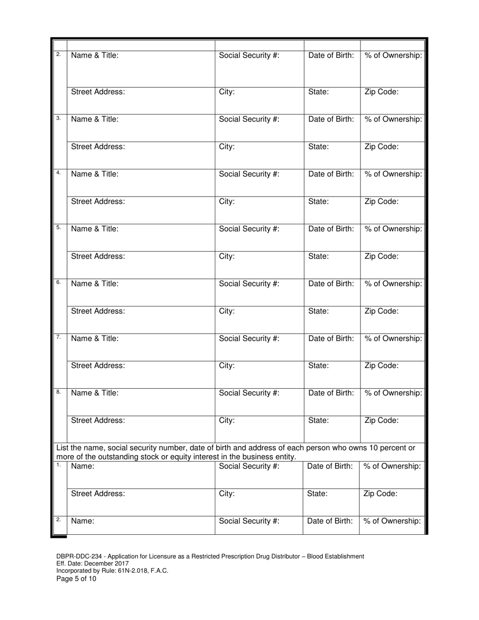 Form DBPR-DDC-234 Application for a Restricted Prescription Drug Distributor - Blood Establishment - Florida, Page 5
