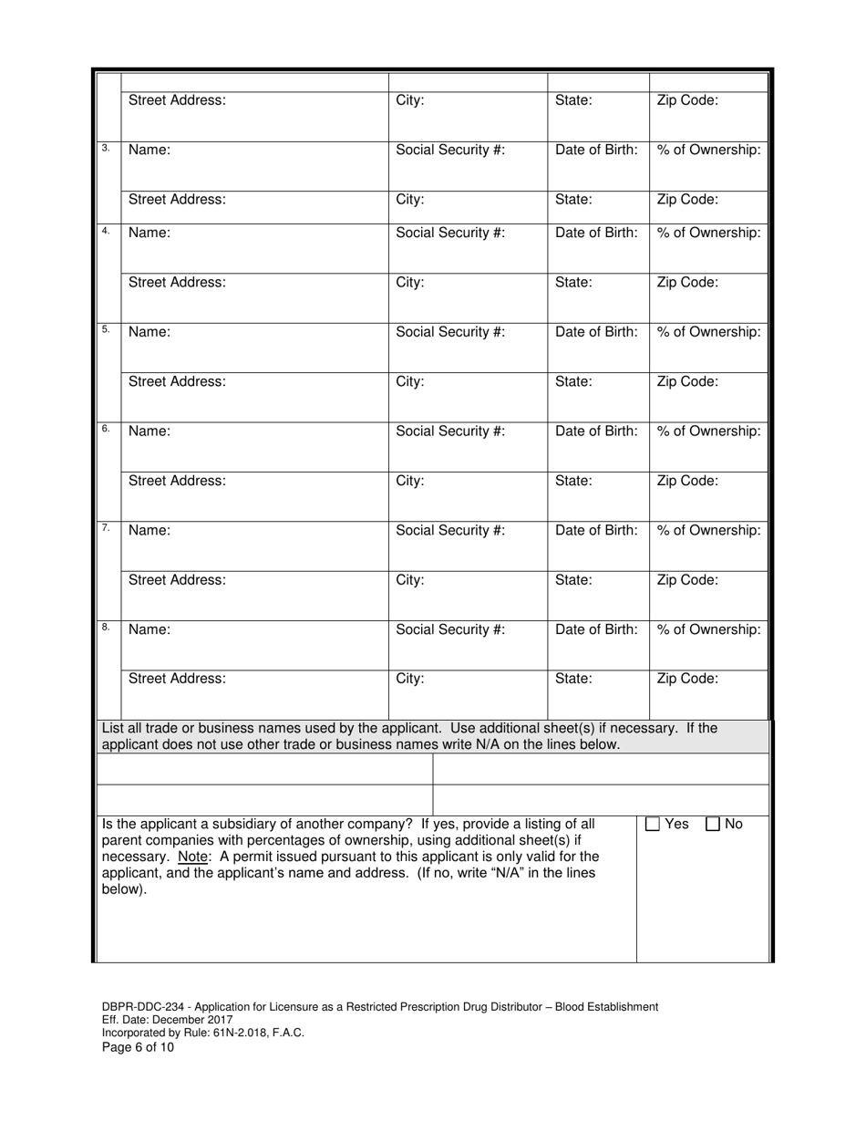 Form DBPR-DDC-234 Application for a Restricted Prescription Drug Distributor - Blood Establishment - Florida, Page 6