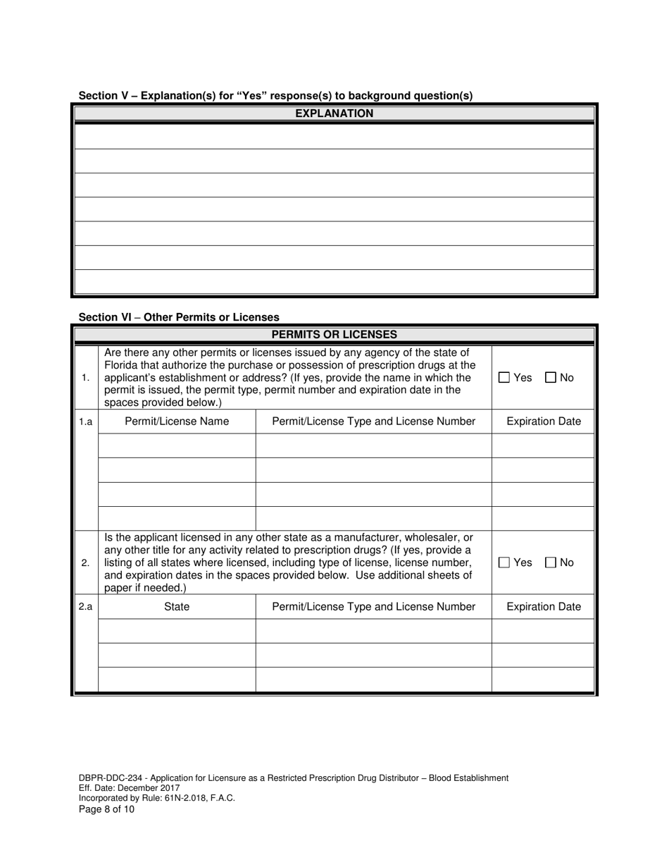 Form DBPR-DDC-234 Application for a Restricted Prescription Drug Distributor - Blood Establishment - Florida, Page 8