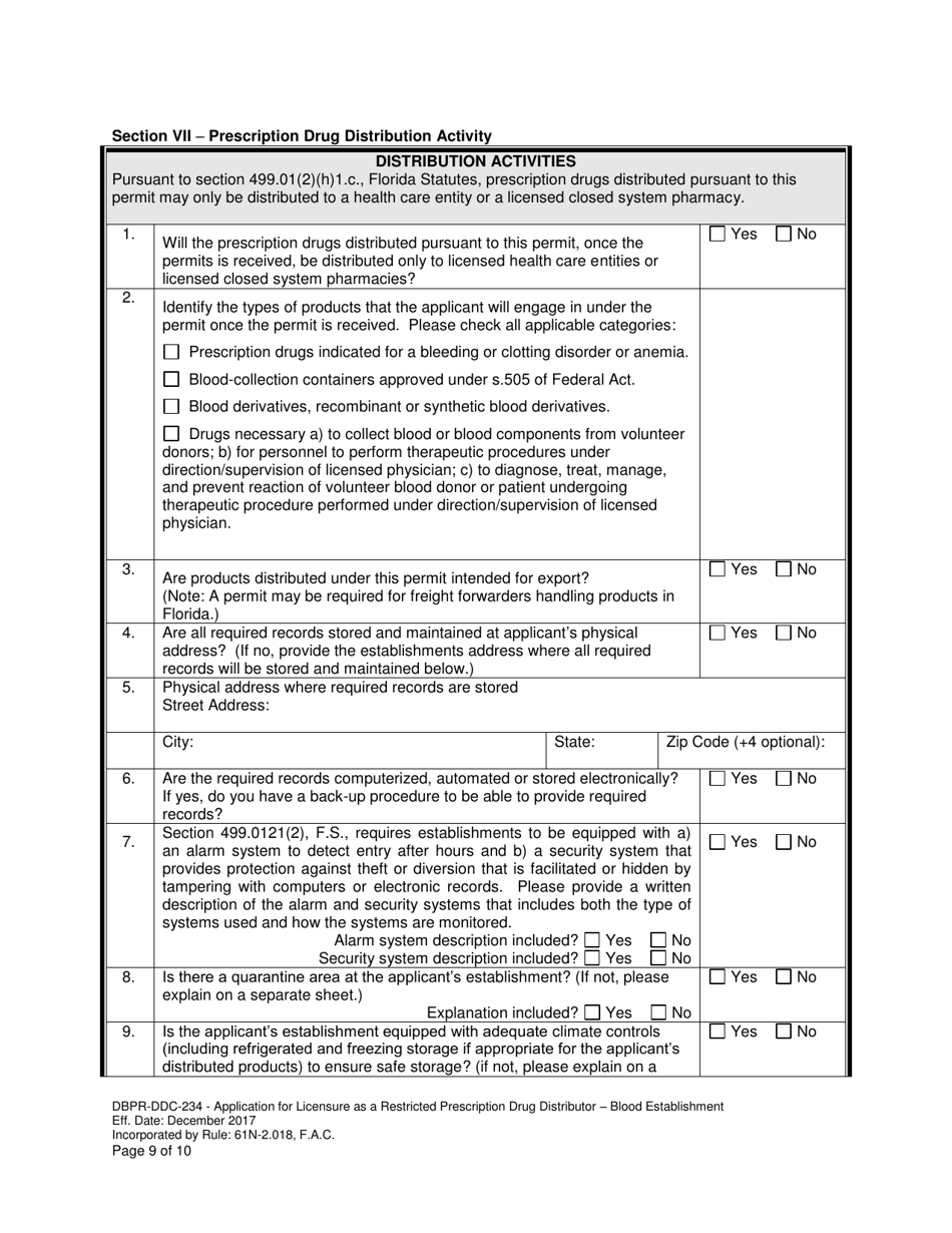 Form DBPR-DDC-234 Application for a Restricted Prescription Drug Distributor - Blood Establishment - Florida, Page 9