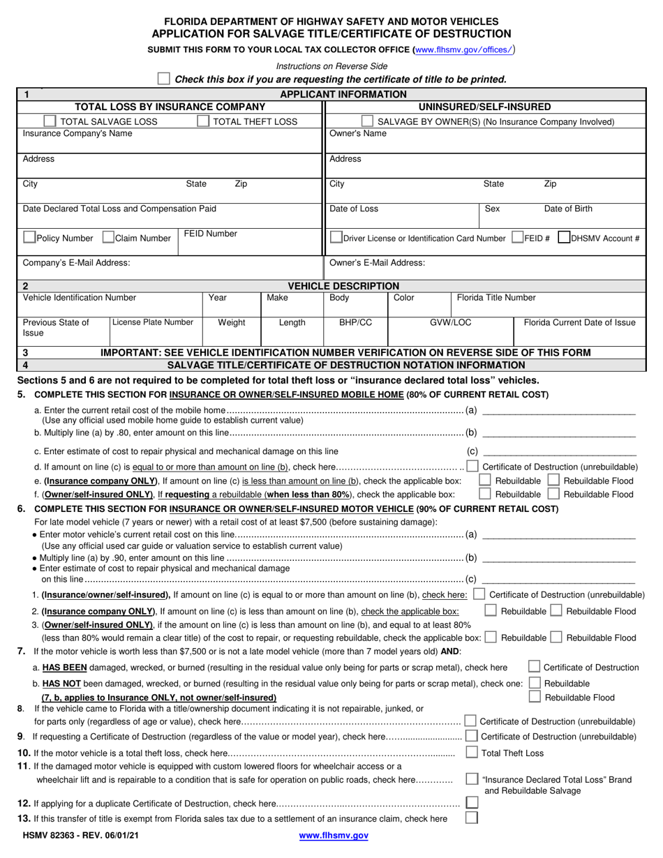Form HSMV82363 Application for Salvage Title / Certificate of Destruction - Florida, Page 1