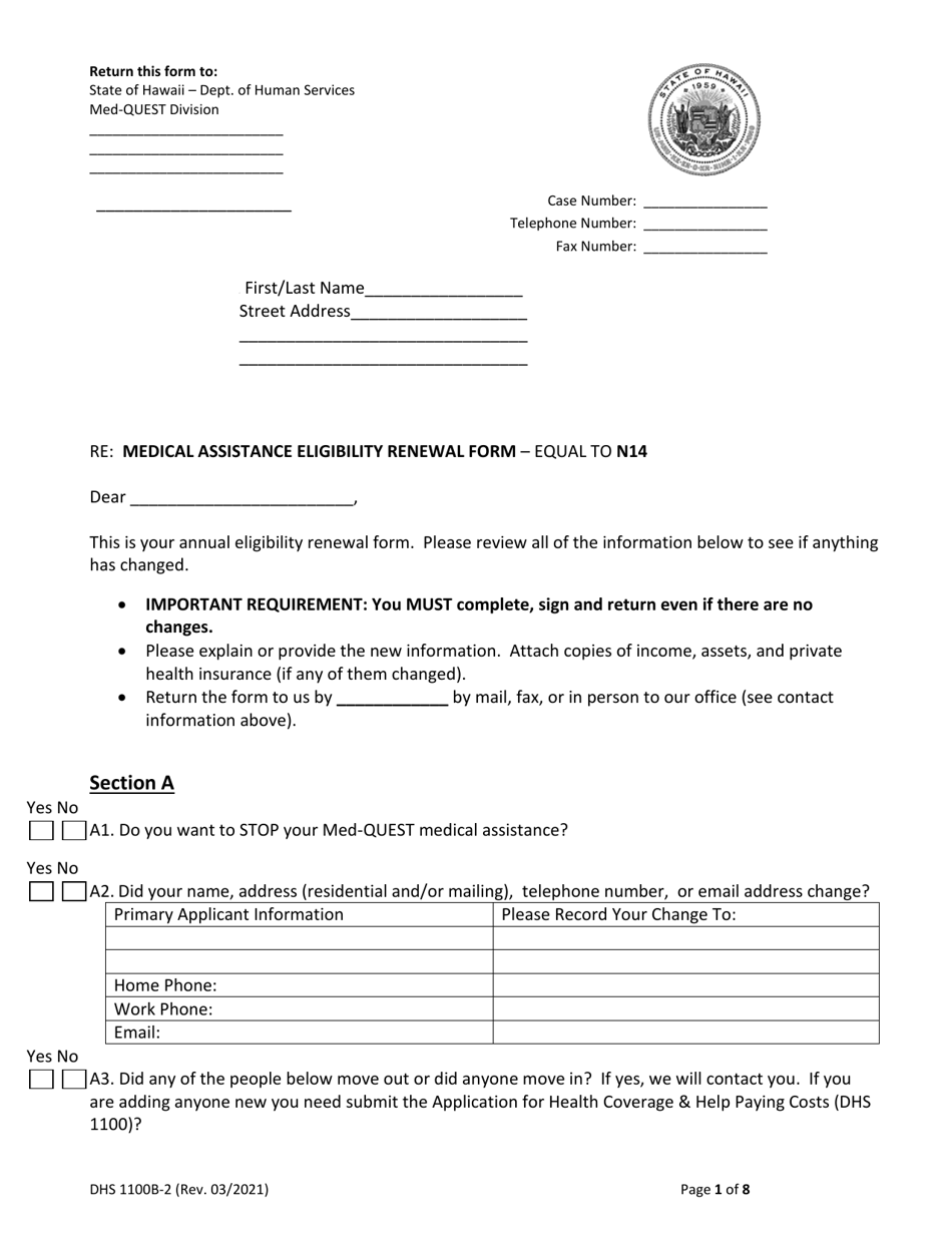 Form DHS1100B-2 Medical Assistance Renewal Form for Magi-Excepted Households - Hawaii, Page 1
