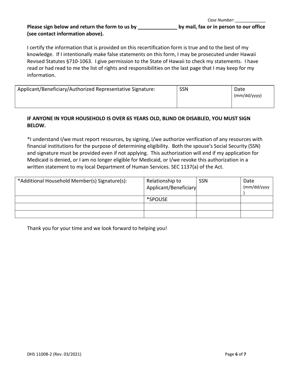 Form DHS1100B-2 Medical Assistance Renewal Form for Magi-Excepted Households - Hawaii, Page 6