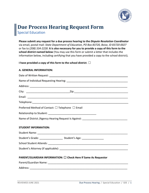 Due Process Hearing Request Form - Idaho